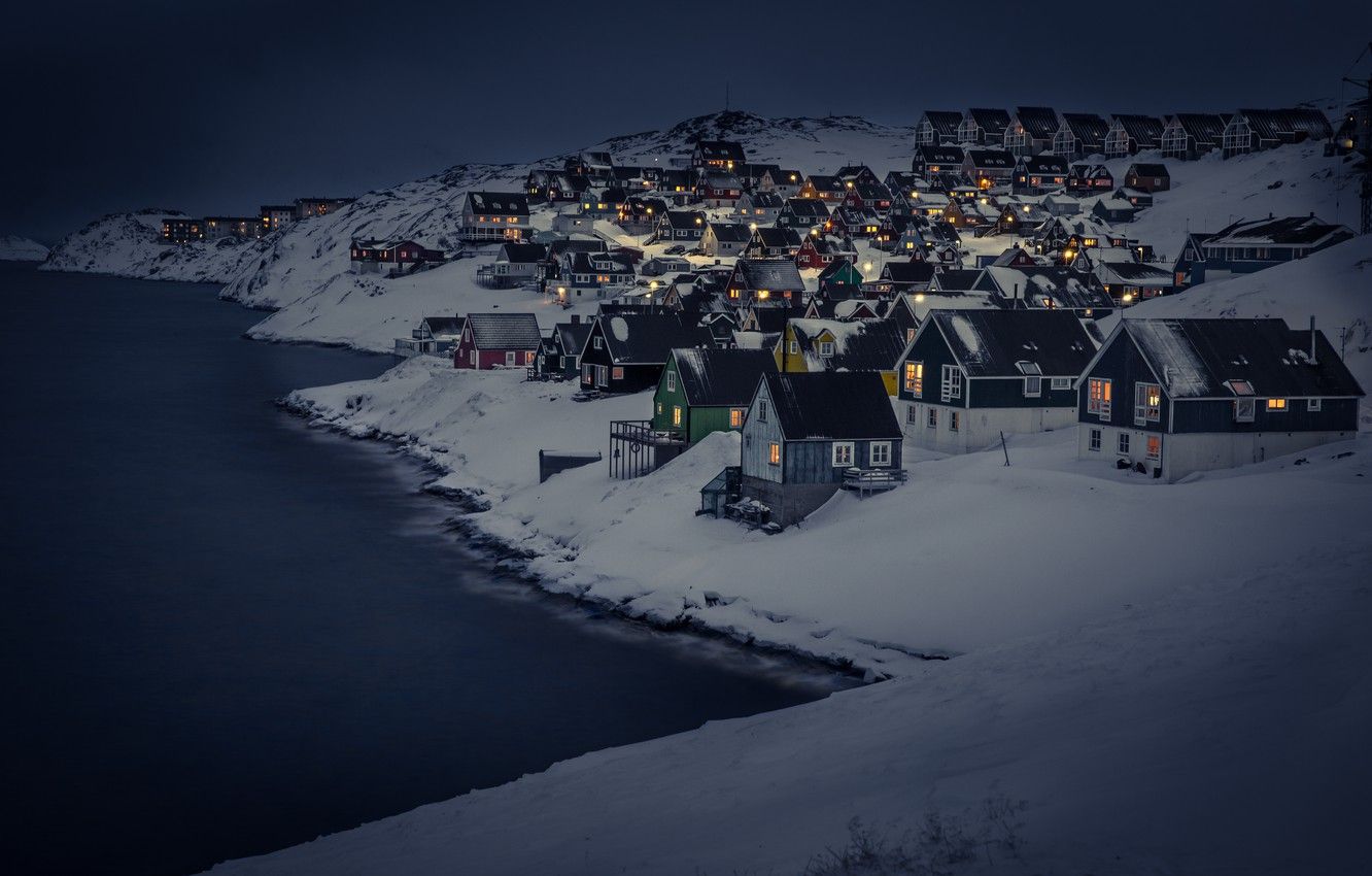 1332x850 Wallpaper dark, landscape, night, winter, snow, houses, cold, cityscape, capital, Nuuk, Myggedalen, capital region, greenland image for desktop, section город on WallpaperBat