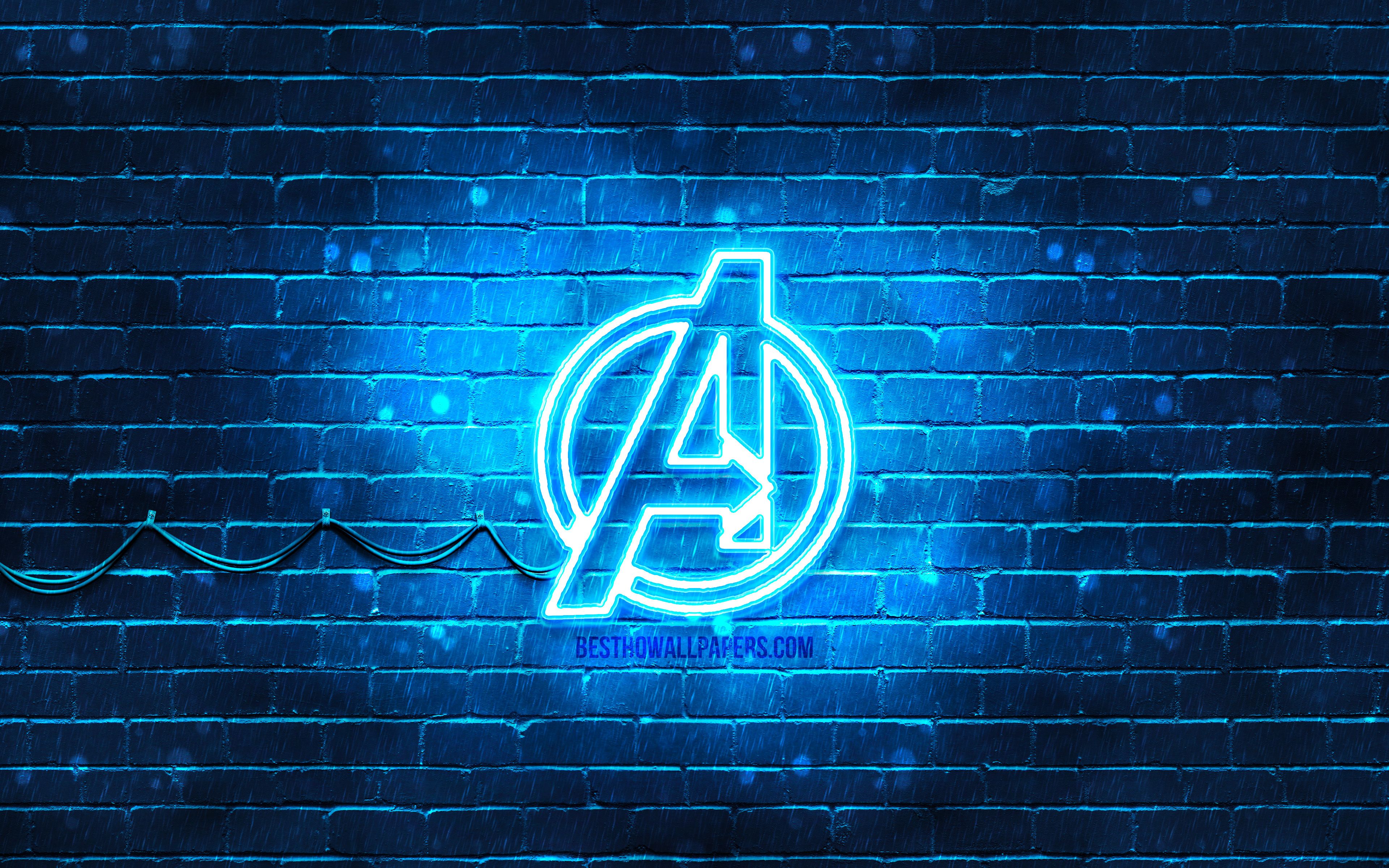 wallpaper Avengers blue logo, 4k, blue brickwall, Avengers logo, superheroe...