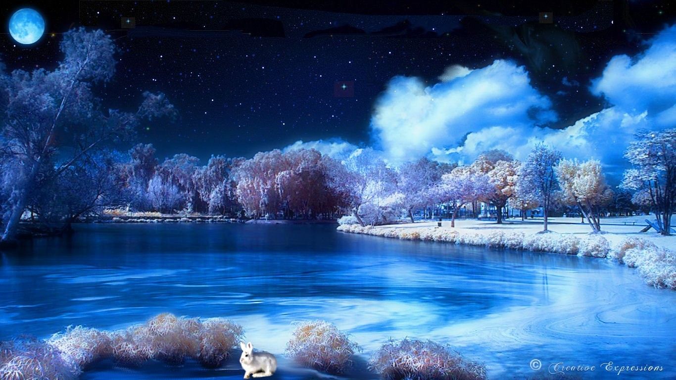 1366x768 Blue Lake At Night Wallpaper HD - Theme For Desktop Background - 1366x768 Wallpaper - teahub.io on WallpaperBat