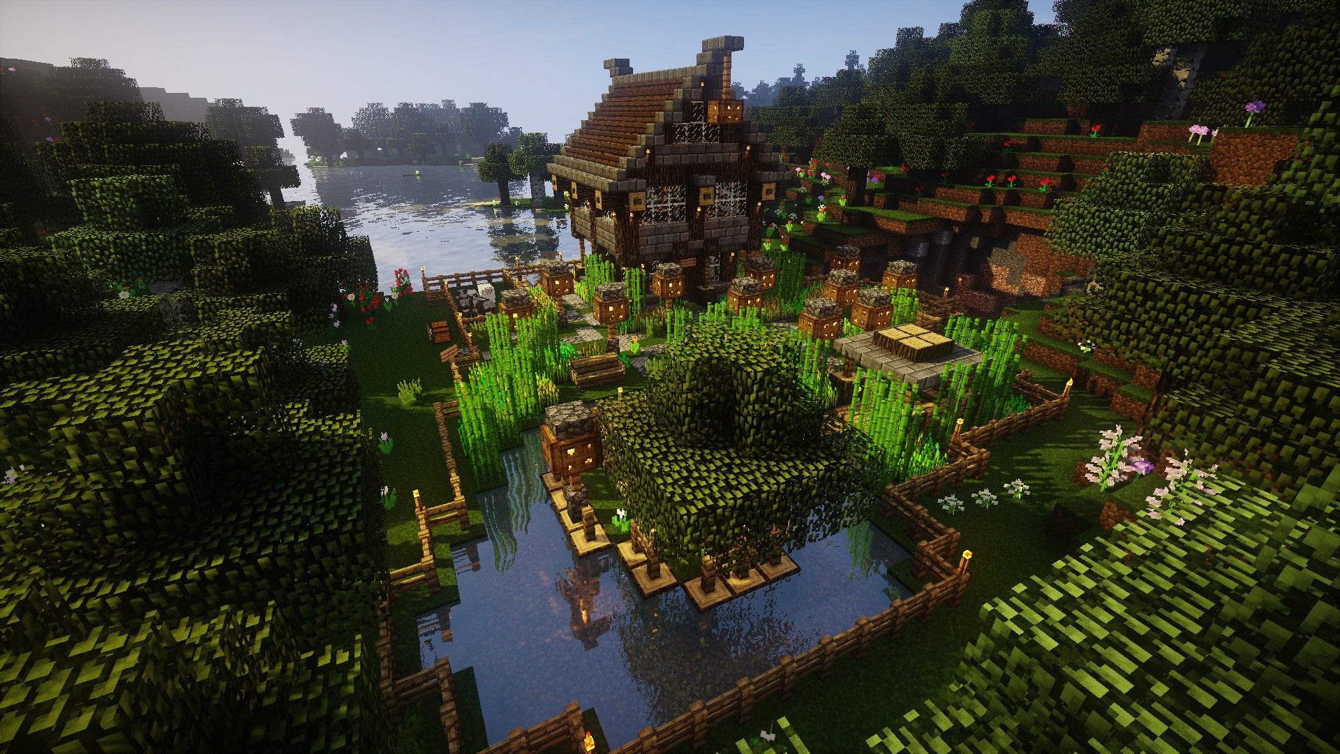 1920x1080 Minecraft, Video games, Farm, House, Forest, Oak trees, Water
