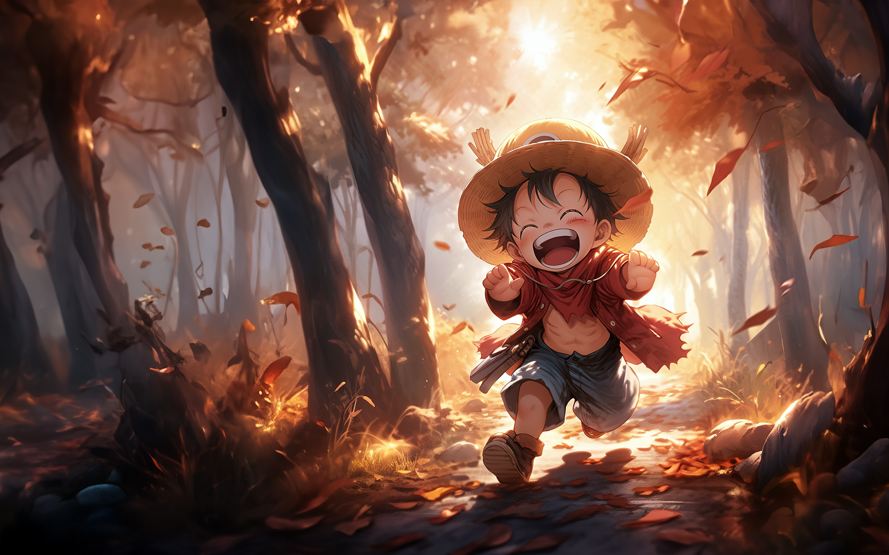 2880x1800 Chibi Luffy Wallpaper 4K, One Piece, Autumn Forest, AI art Wallpaper