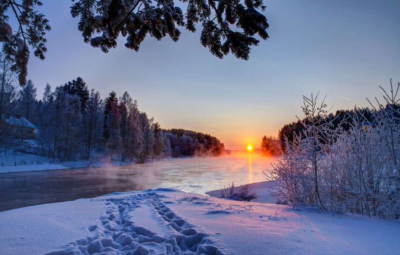 Winter River Sunset Wallpapers - 4k, HD Winter River Sunset Backgrounds ...