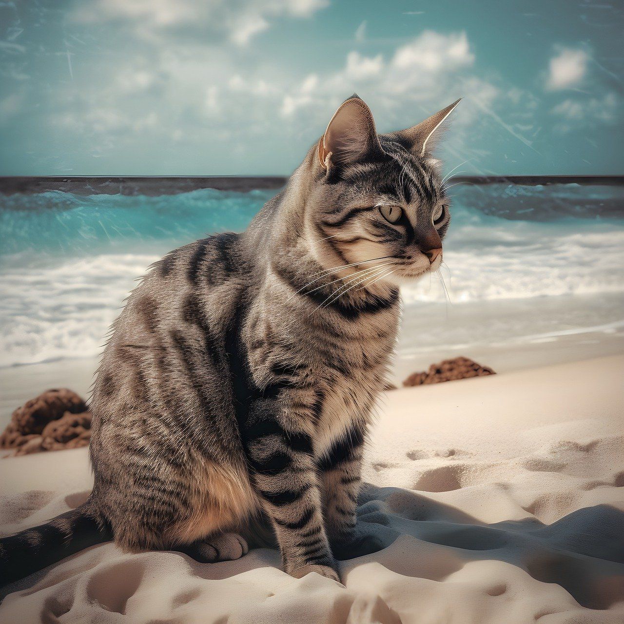 1280x1280 Download Cat, Beach, Sea. Royalty-Free ... Wallpaper