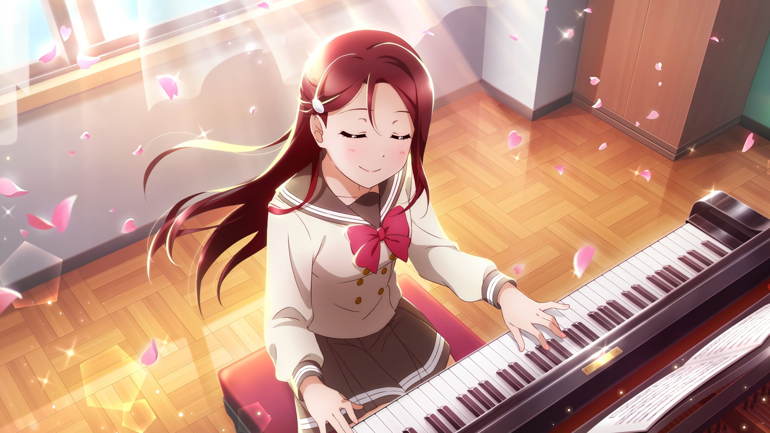 2560x1440 Download Piano play, Love Live!, anime girl, redhead wallpaper, 2560x1440, Dual Wide, Widescreen 16:9, Widescreen on WallpaperBat