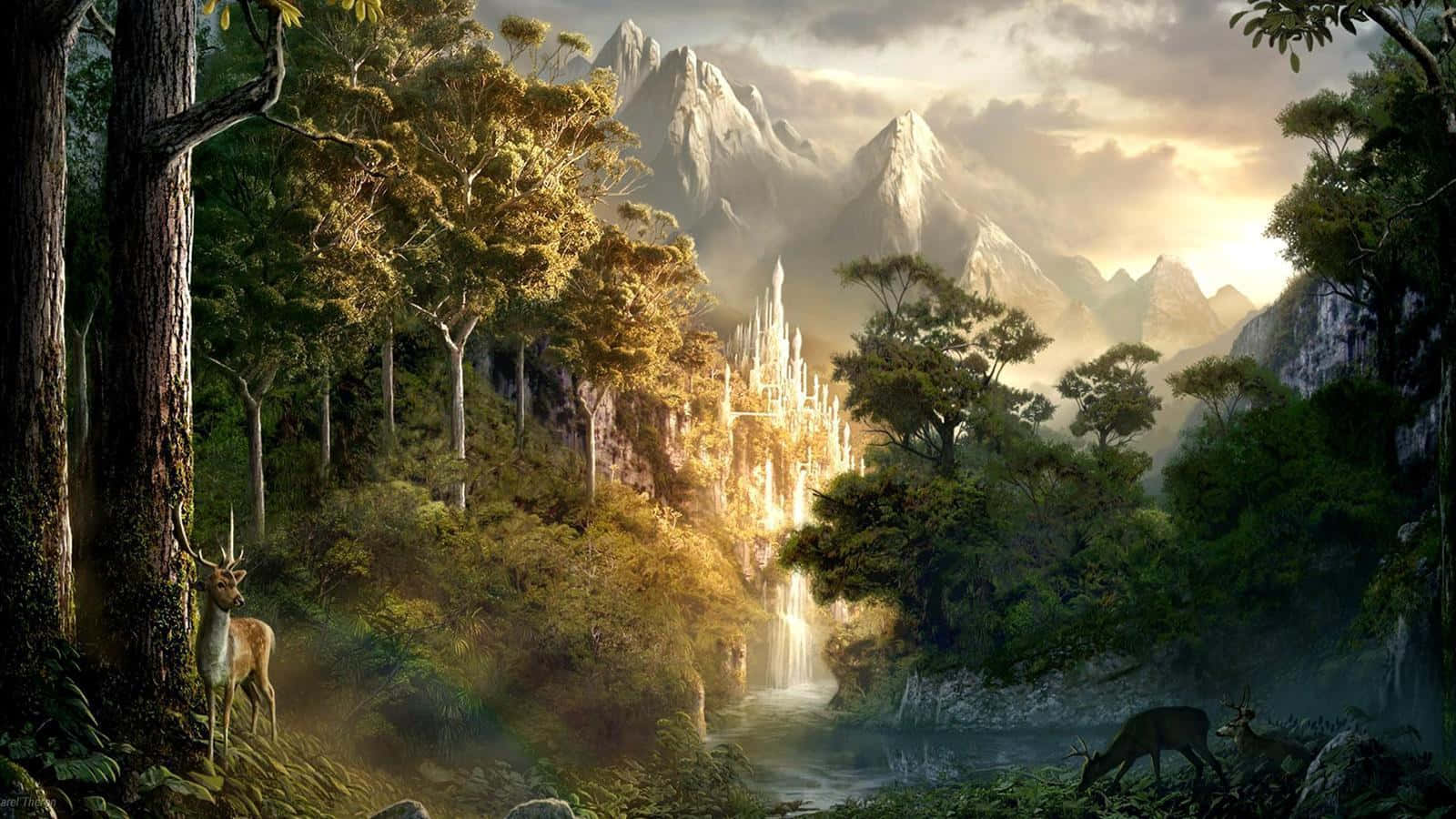 1600x900 Download A Fantasy Landscape With A Waterfall And Trees | Wallpapers.com Wallpaper