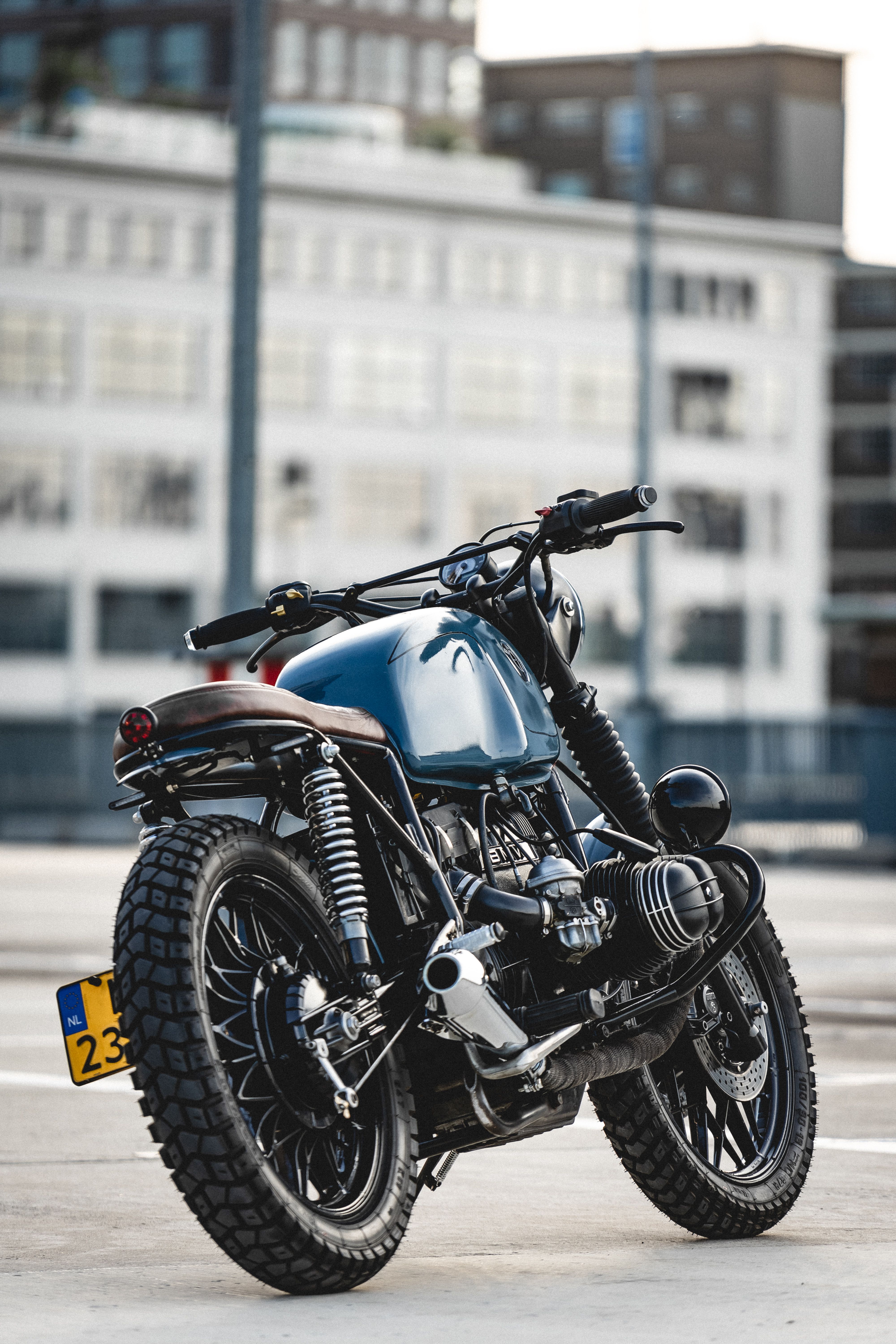 4000x6000 Selective Focus Photo of Parked Blue and Black Cafe Racer Motorcycle · Free  Stock Photo Wallpaper