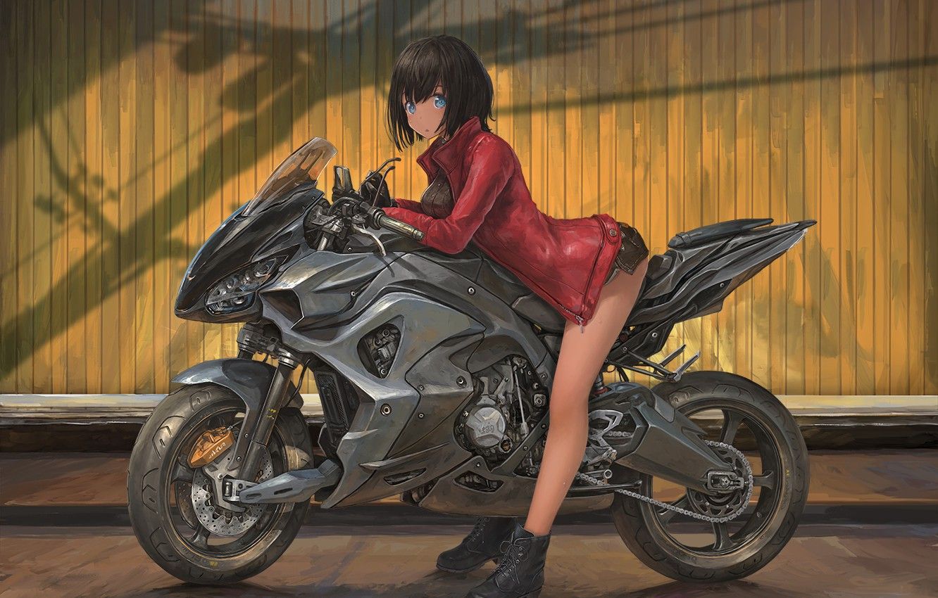 1332x850 Wallpaper road, shorts, blue eyes, Street, motorcycle, short hair, digital  art, fan art, shadow, black hair, boots, illustration, black boots, leather  jacket, anime girl, dark skin gloves images for desktop, section арт - Wallpaper