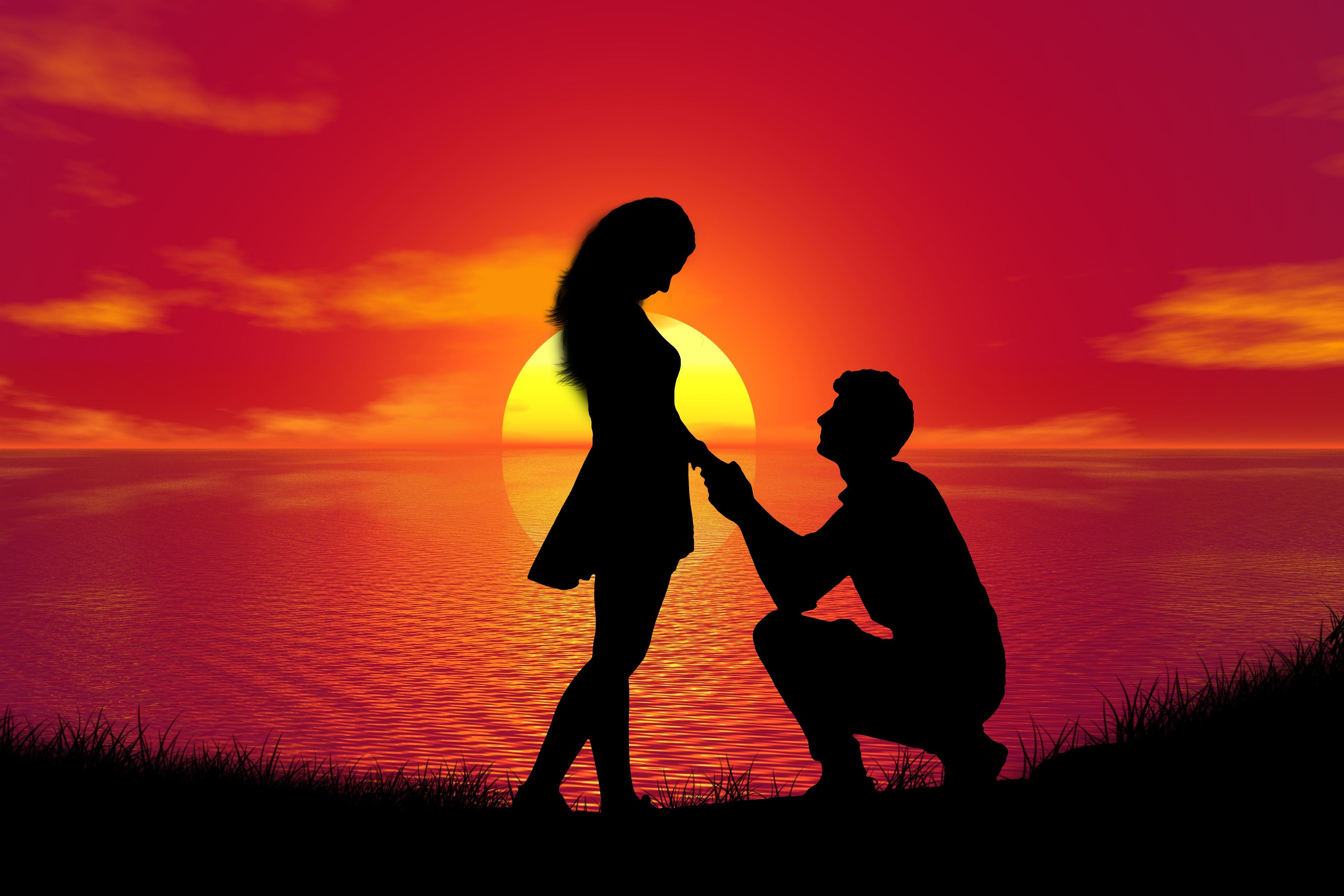 3840x2560 Couple Wallpaper 4K, Sunset, Proposal, Silhouette, Romantic, Love...