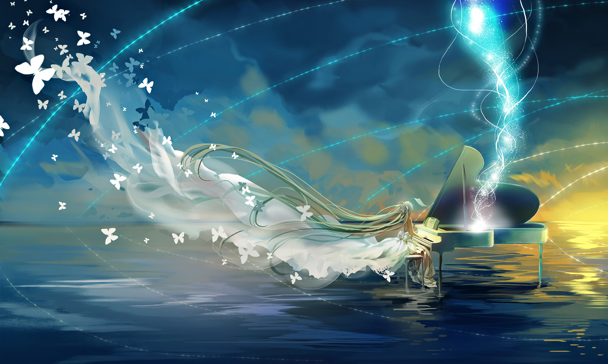 Wallpaper girl, anime, art, kit, piano, Vocaloid for mobile and desktop,  section арт, resolution 3840x1848 - download