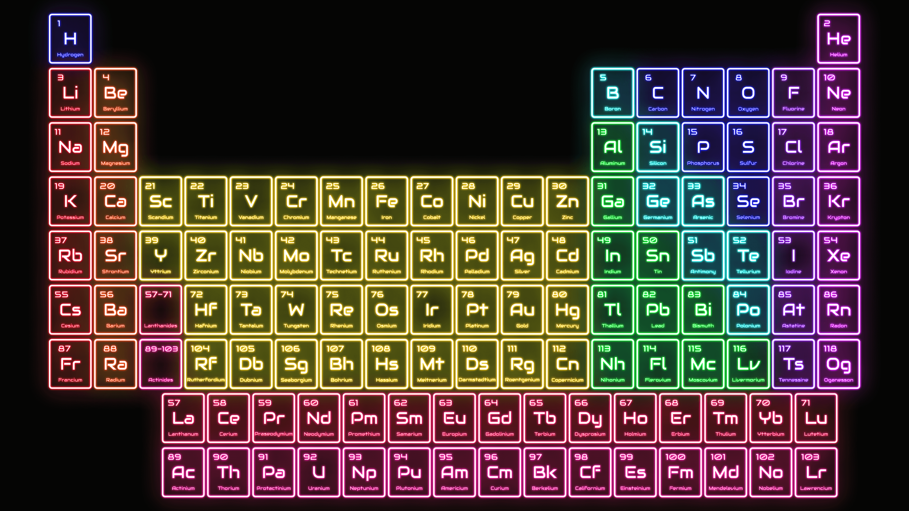 3840x2160 This colorful neon lights periodic table wallpaper shines brightly with a subtle glow. Contai. Periodic table, Neon periodic table, Periodic table of the elements on WallpaperBat