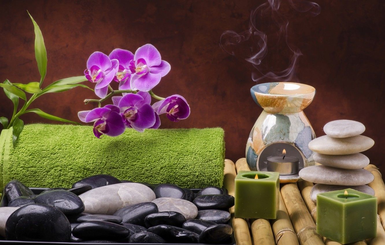 1332x850 Wallpaper flowers, stones, candles, bamboo, relax, Orchid, flowers, Spa,  still life, candles, spa, salt, wellness images for desktop, section разное  - download Wallpaper