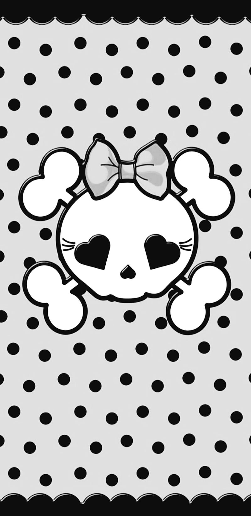 800x1644 Cute Skull BW, black, bow, cute, dots ... Wallpaper