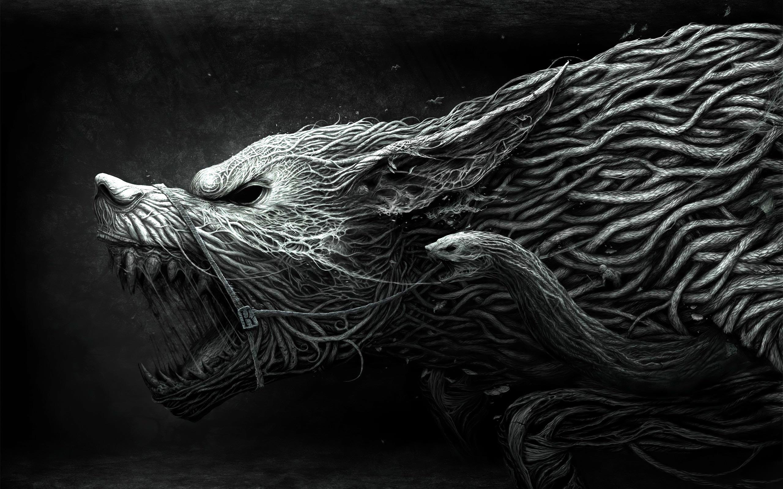 2560x1600 Black White Art Wolf Snake Wallpaper ... Wallpaper