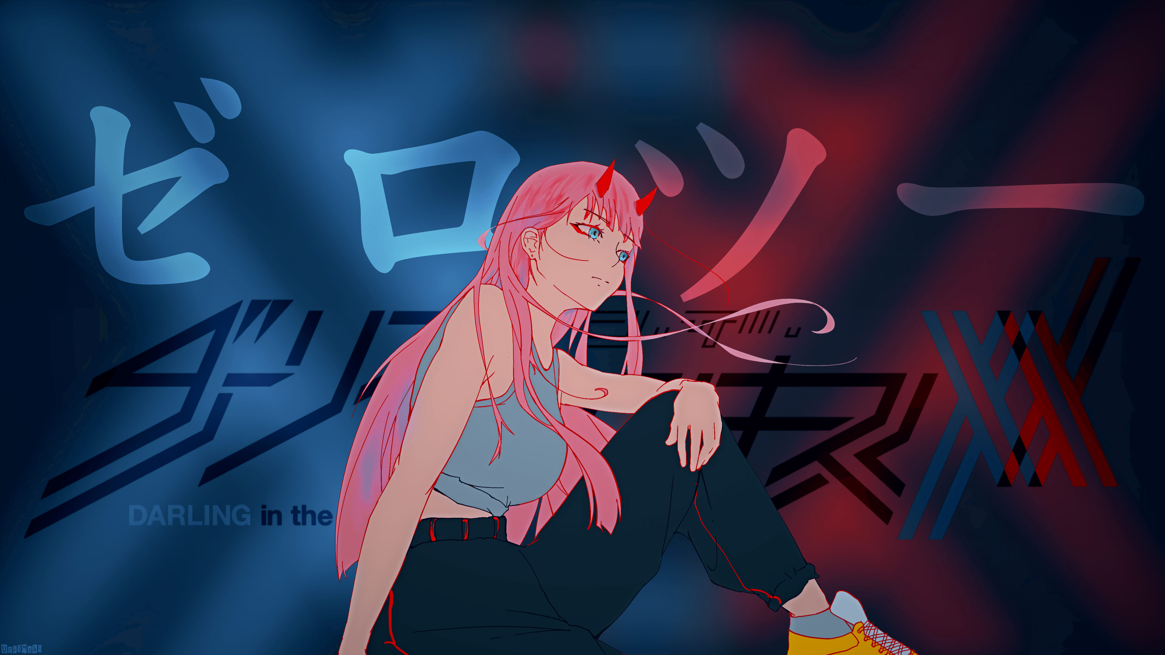 ponytail, pink hair, looking at viewer, Darling in the FranXX, Zero Two  (Darling in the FranXX), anime, anime girls, cyberpunk, portrait display,  katana