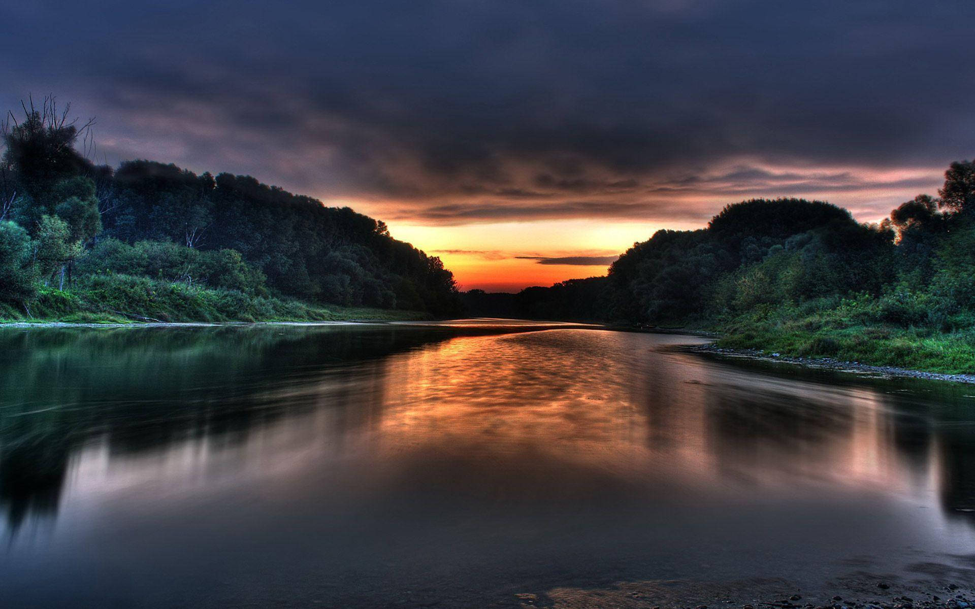 1920x1200 Download Windows 11 Sunset River Wallpaper | Wallpapers.com Wallpaper