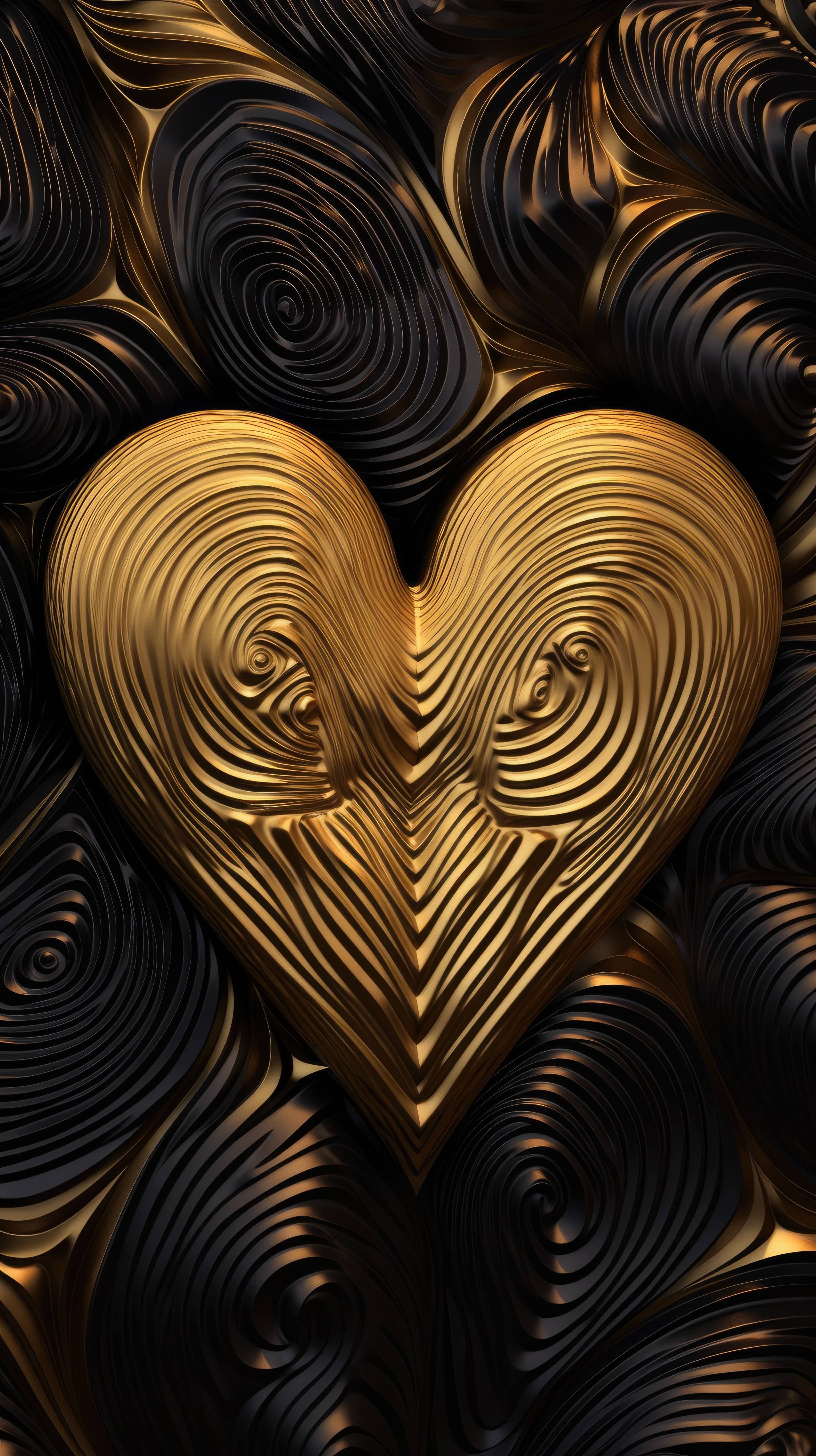 2448x4368 A 4K ultra HD mobile wallpaper with an abstract heart-shaped pattern in  shades of black and gold, with a luxurious and glamorous feel Wallpaper