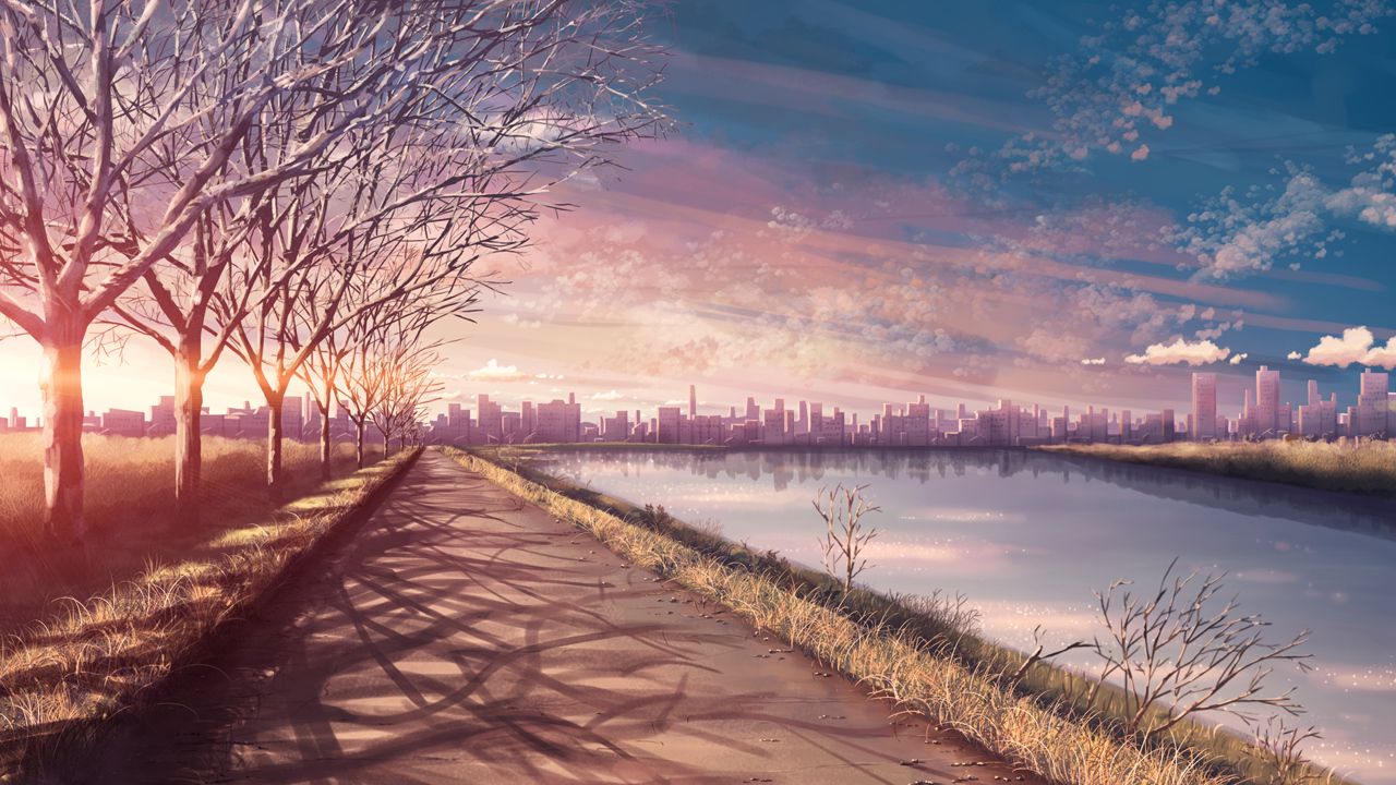 1280x720 asa project building city clouds game cg grass landscape no humans  reflection renai zero kilometer scenic sky tree water yakkun | konachan.com  - Konachan.com Anime Wallpapers Wallpaper