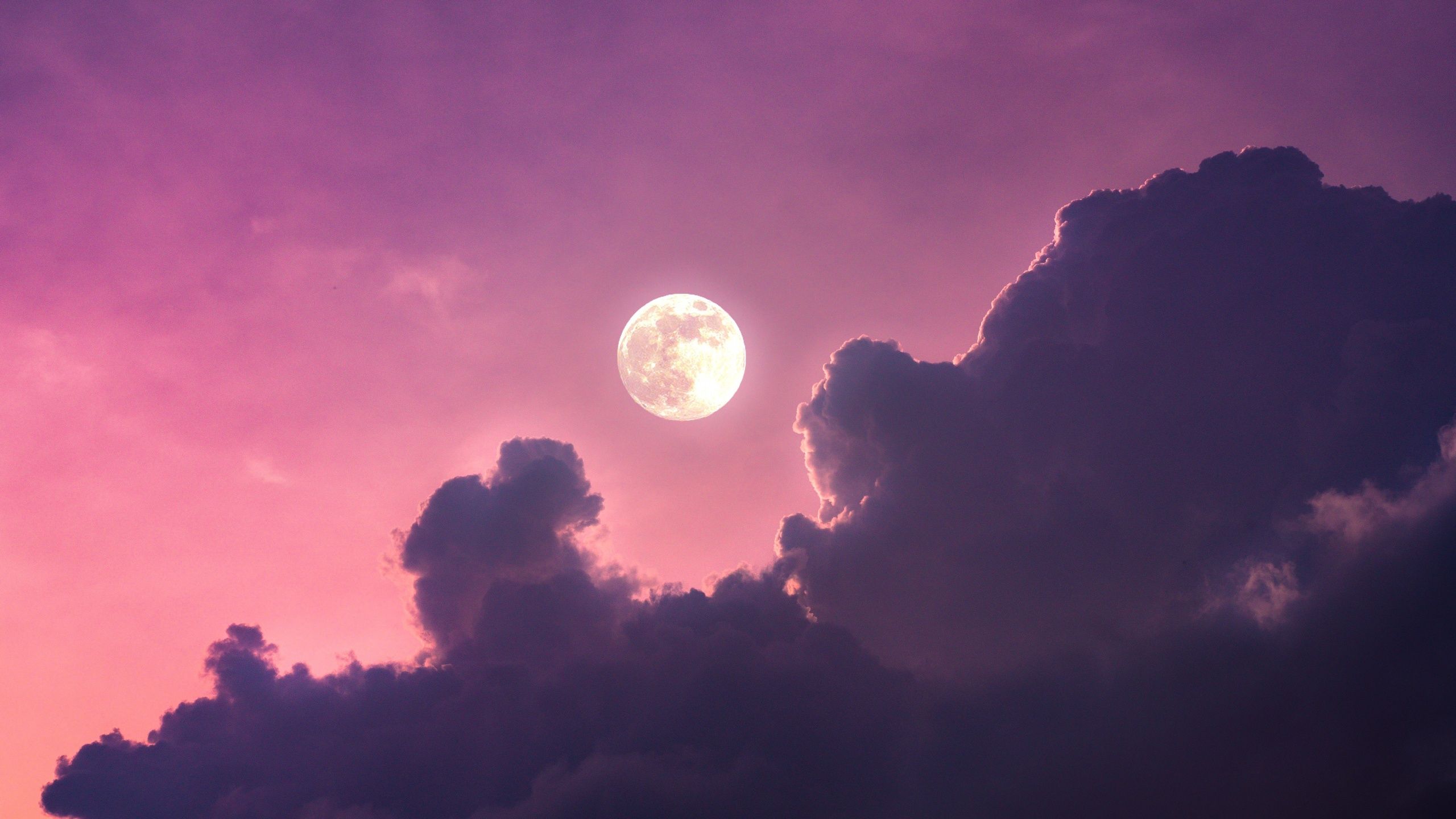 2560x1440 Full moon Wallpaper 4K, Aesthetic, Clouds, Pink sky Wallpaper