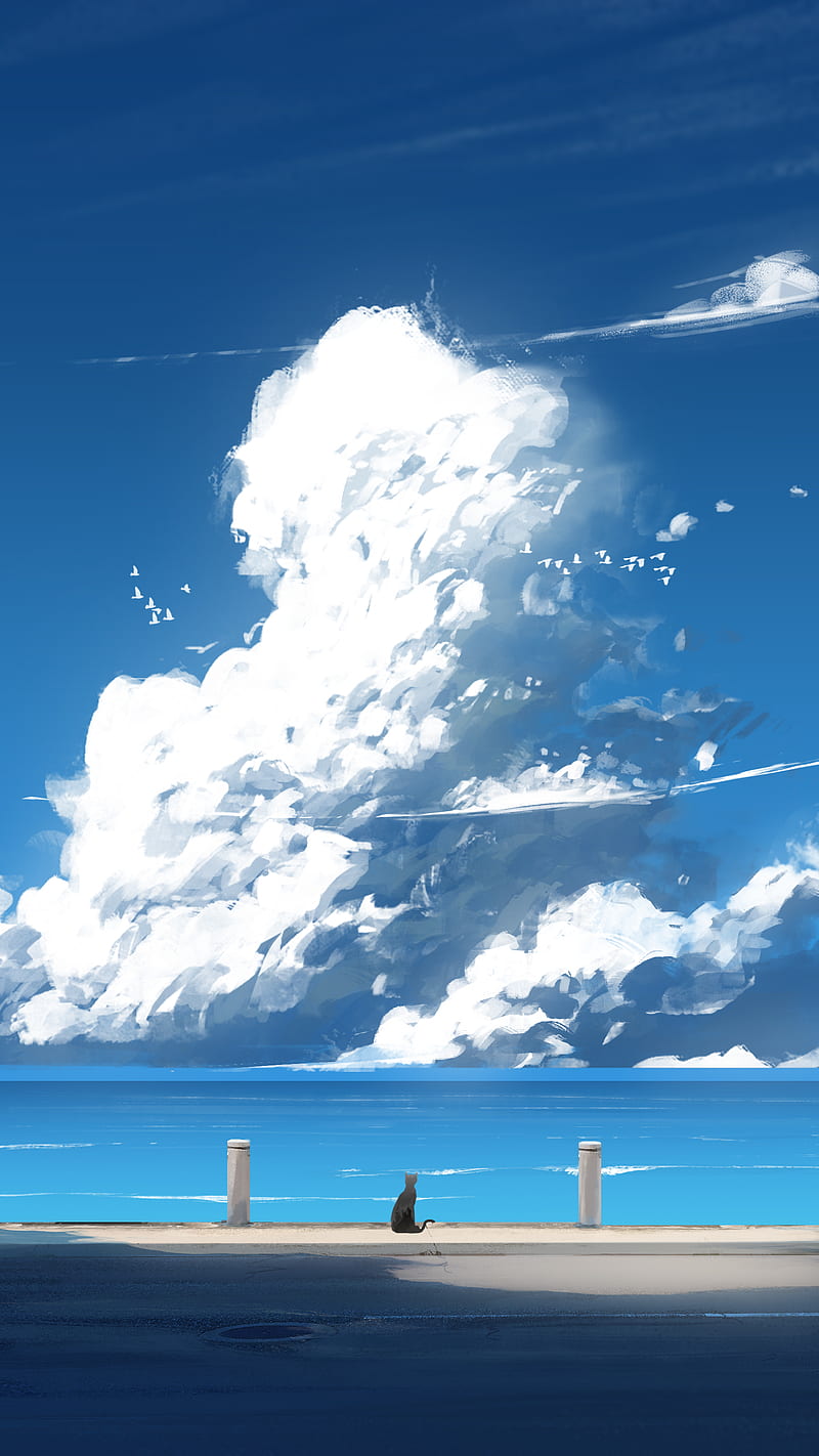 800x1422 Anime, clouds, cats, black cats, birds ... Wallpaper