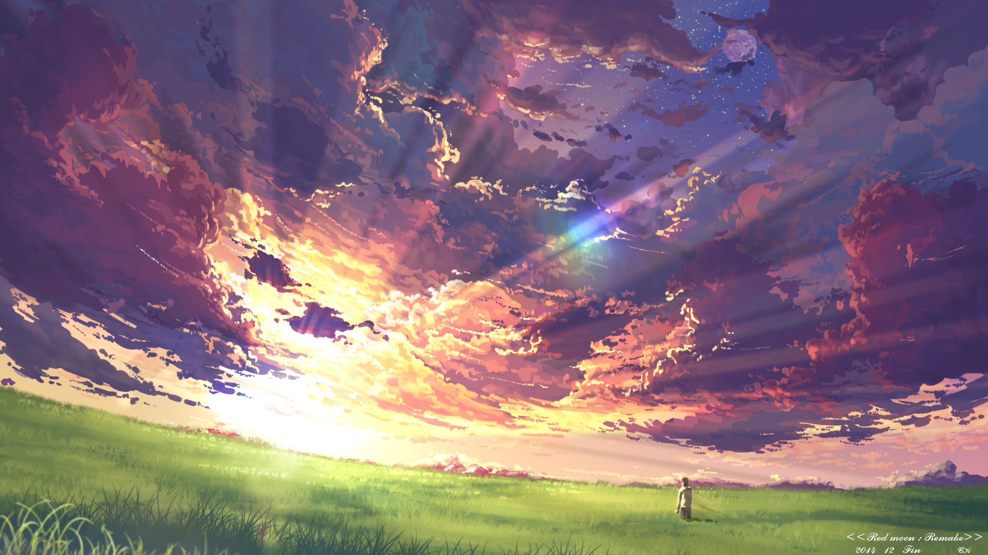 1920x1080 anime, clouds, sky, sunset, sun rays ... Wallpaper