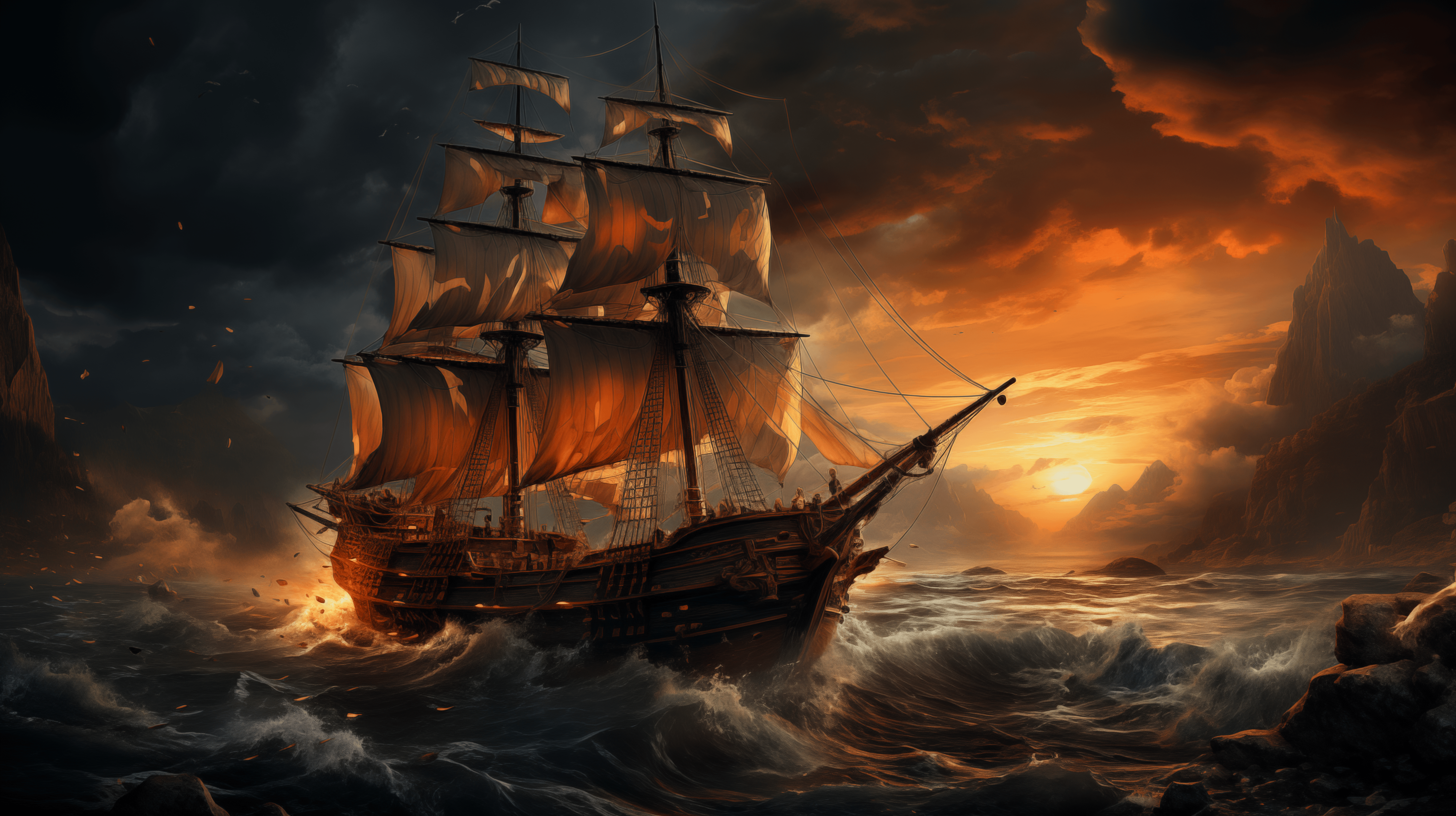 5824x3264 Majestic Sailing Ship at Sunset HD ... Wallpaper