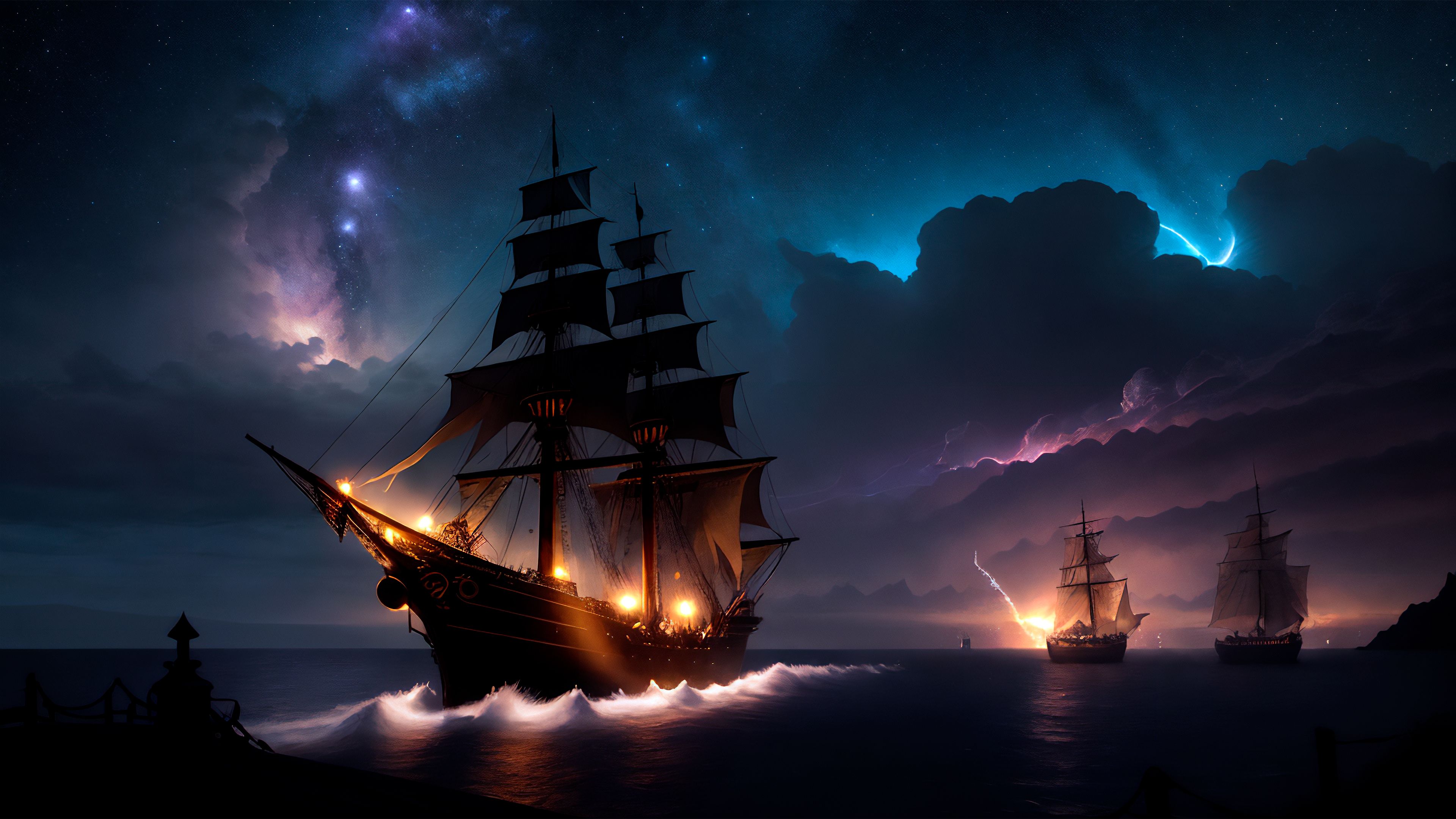 3840x2160 Ship Wallpaper 4K, Night, Storm, Clouds ... Wallpaper