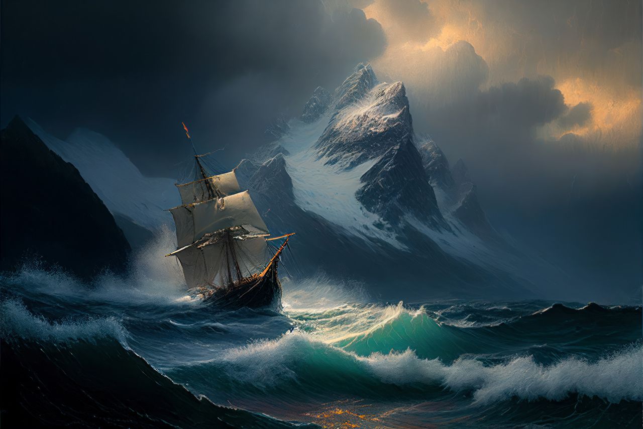 1280x854 Nature Ships Waves Painting Art Wallpaper